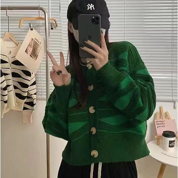 Street-wave Women Knit Cardigan With Unique Wave Pattern And Gold Buttons Cozy Chic Everyday Essential