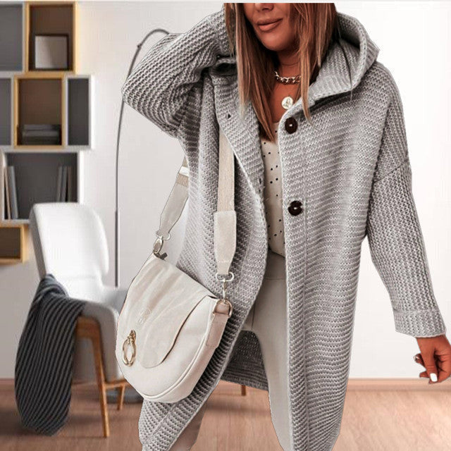 Street-wave Knit Hooded Coat For Women With Cotton Acrylic Blend, Cozy Warmth, All Season Style