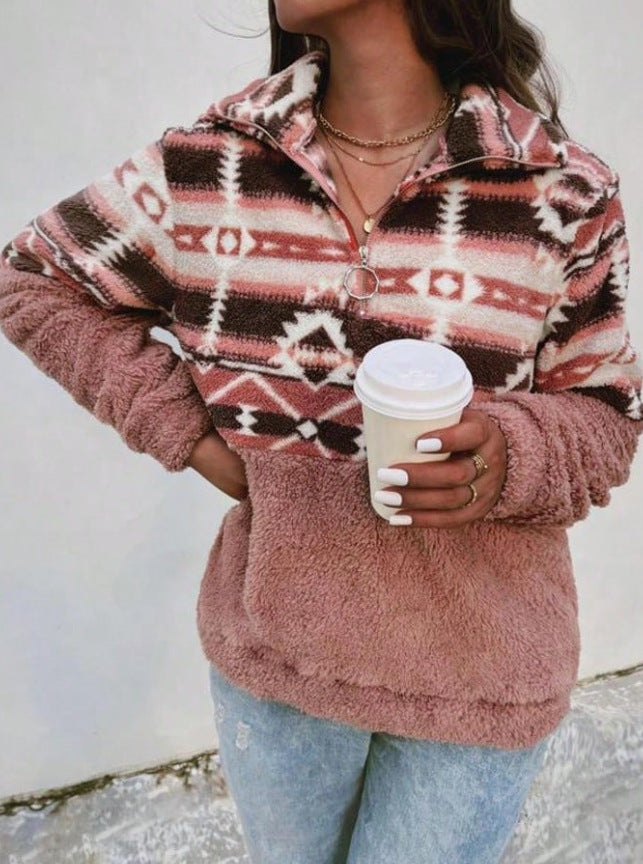 Women Fleece Pullover With Aztec Pattern And Stand Collar By Street Wave For Cozy Warmth And Style