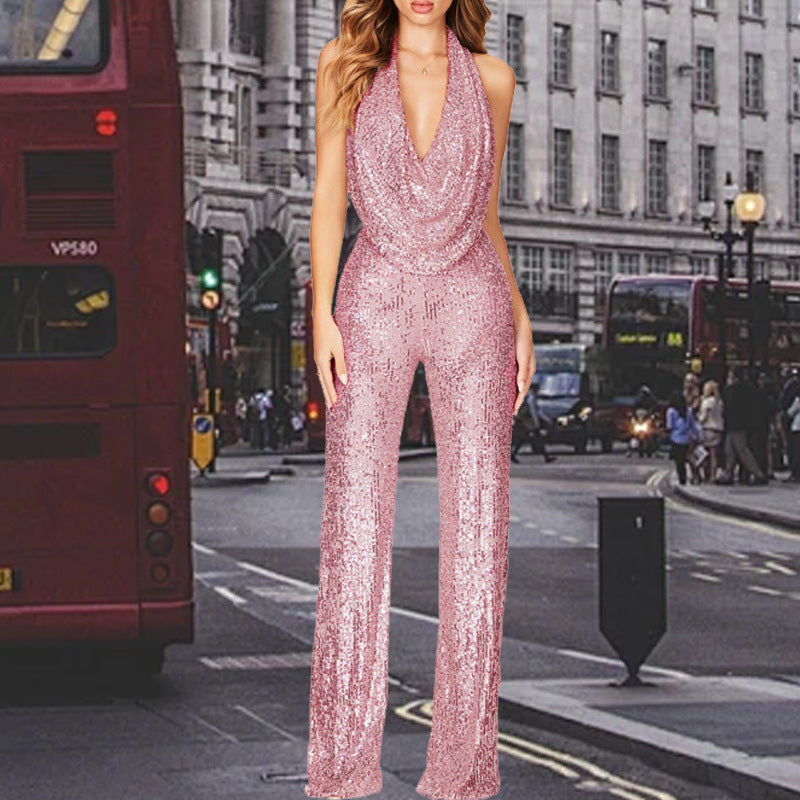 Street Wave Sequin Jumpsuit With Deep V Neck And Wide Leg For Women Glamorous Party Wear