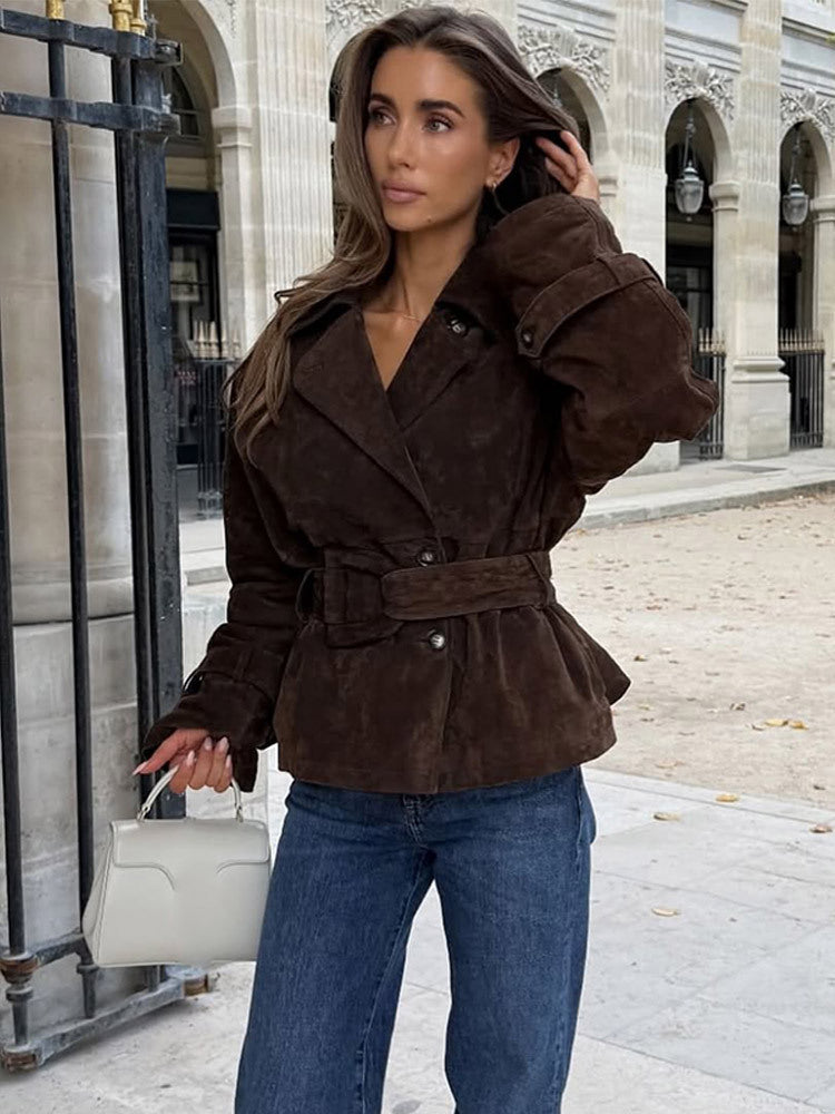 Street-Wave Womens Suede Jacket With Belted Waist And Voluminous Sleeves For Modern Chic Style