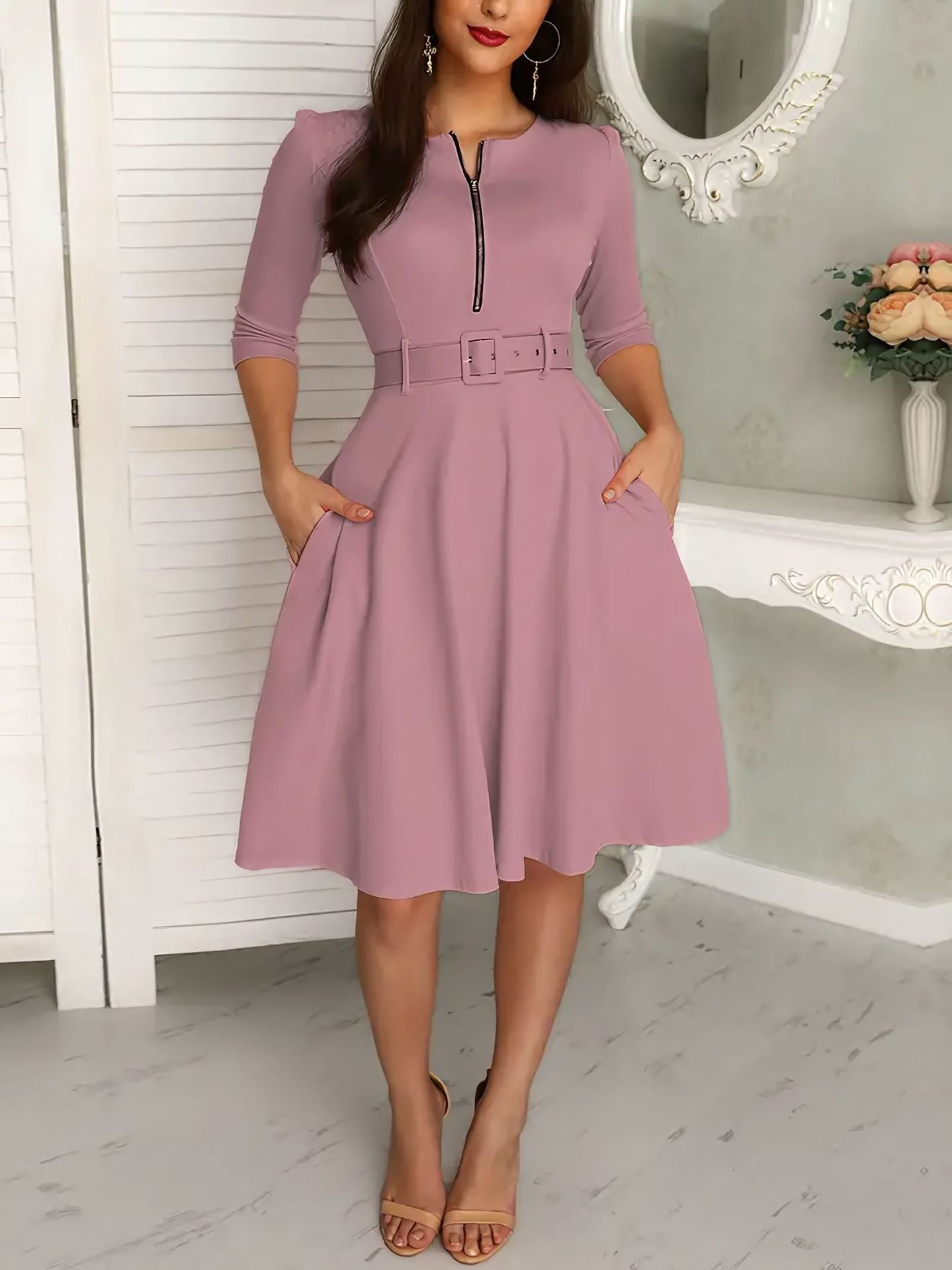 Street-Wave Belted Zip A-Line Dress For Women With Three-Quarter Sleeves Casual Chic Flattering Fit