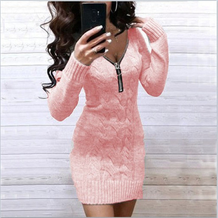 Street-Wave Cable Knit Dress With Zipper For Women, Trendy Cozy Knitwear For Everyday Style