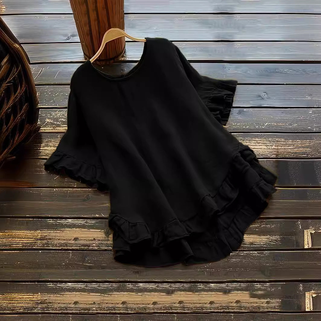 Street Wave Women's Ruffle Detail Loose Fit Top Breathable Cotton Blend Casual Everyday Shirt