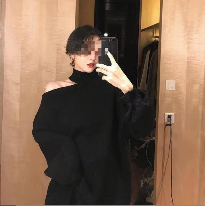 Street Wave Women Oversized Off Shoulder Sweater With High Collar, Cozy Chic Pullover