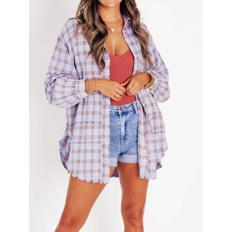 Street-wave Women's Casual Carrot Jacket With Wide Sleeves Plaid Flannel Shacket For Everyday Style