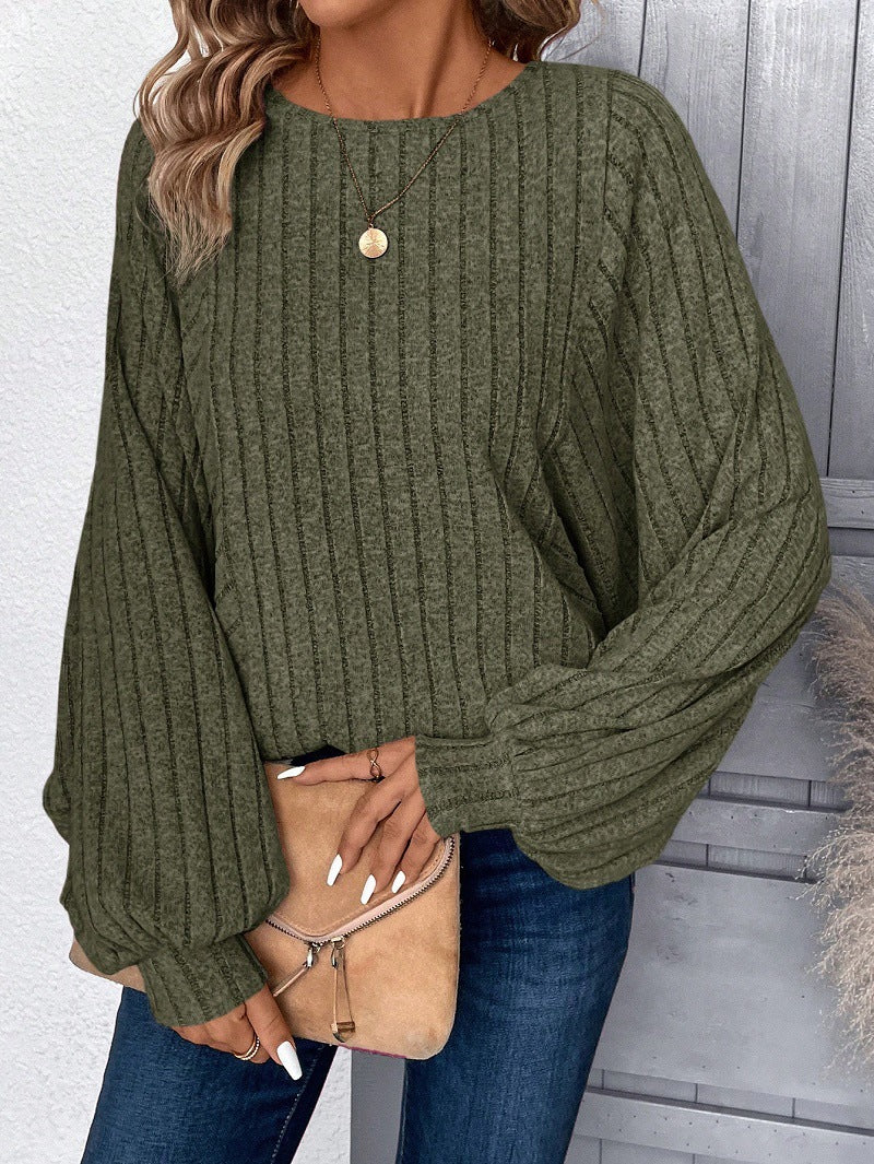 Street-Wave Women's Ribbed Knit Pullover With Balloon Sleeves For Flattering Silhouette