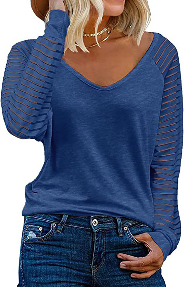 Street-wave Women V-Neck Long Sleeve Shirt With Striped Sleeves For Stylish Everyday Comfort