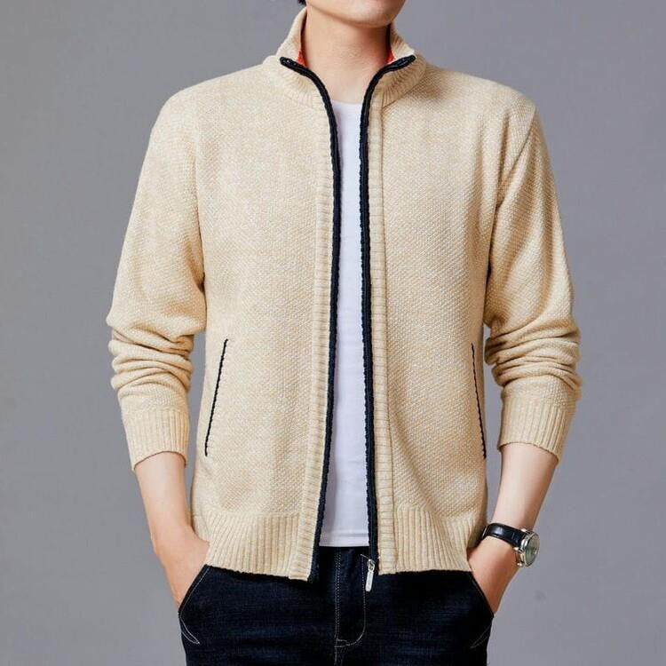 Streetwave Mens Knit Cardigan With Modern Zipper And High Collar For Stylish Transitional Wear