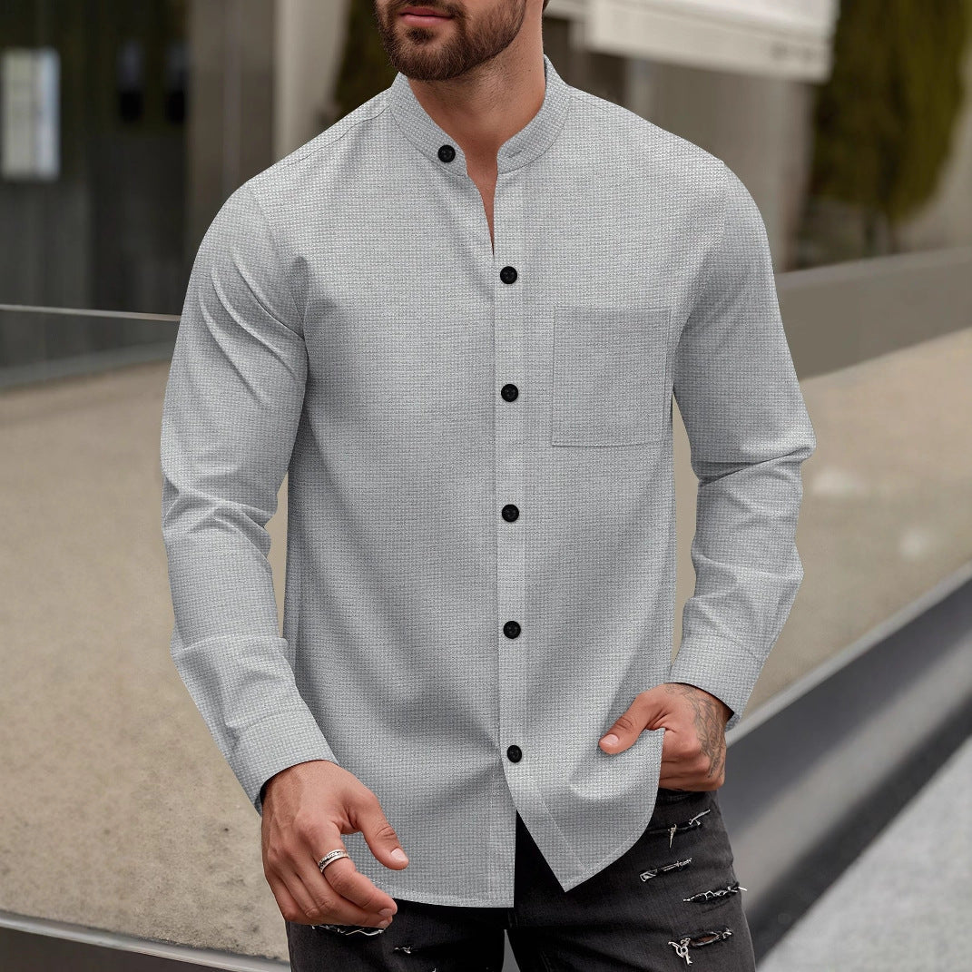 Street-Wave Men's Long Sleeve Shirt With Stand Collar And Chest Pocket For Modern Men
