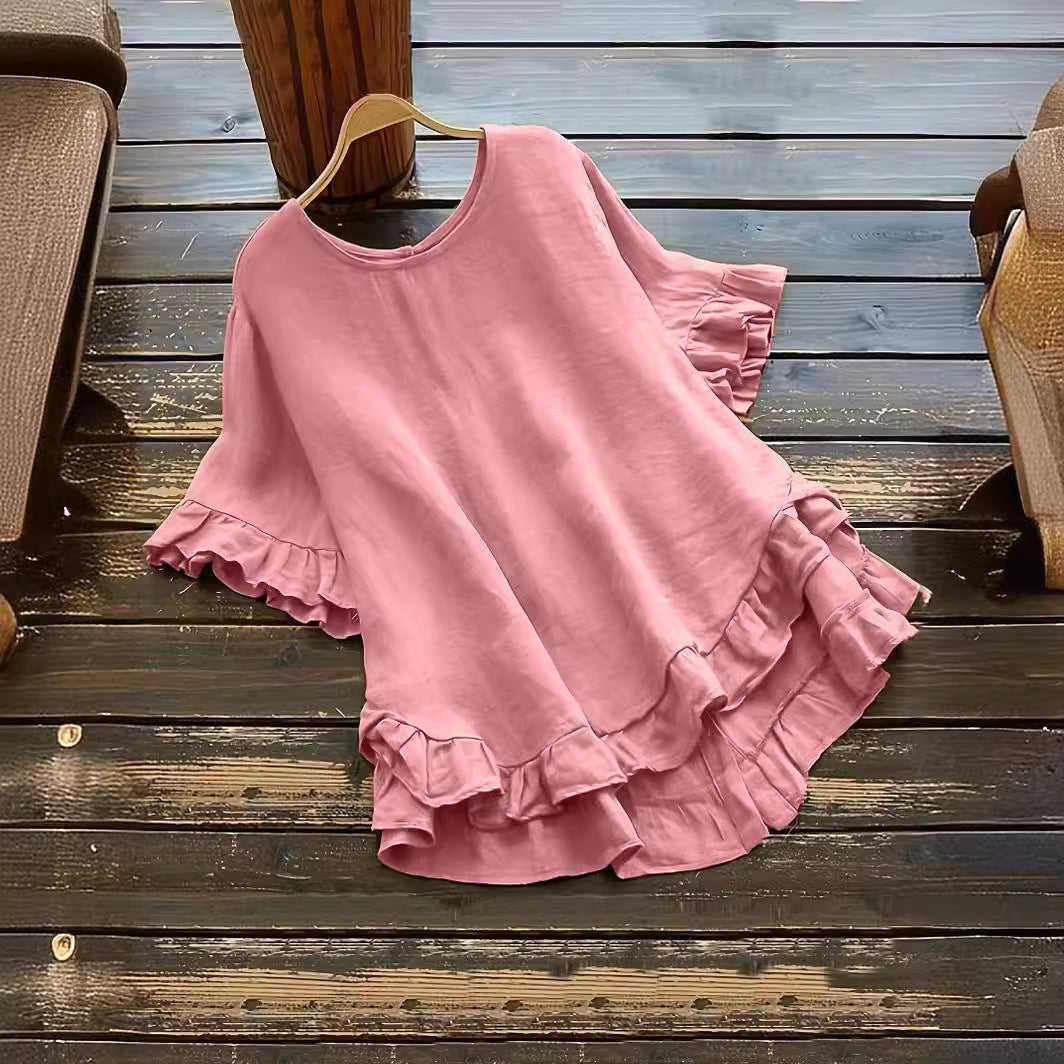Street Wave Women's Ruffle Detail Loose Fit Top Breathable Cotton Blend Casual Everyday Shirt