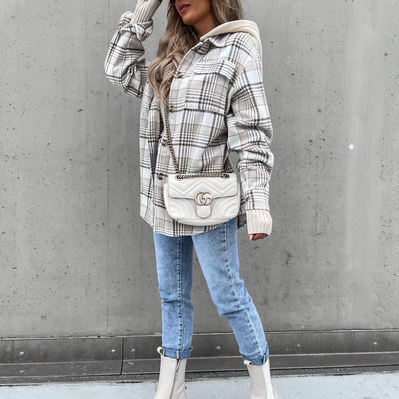 Street-wave Stylish Plaid Hooded Coat for Women With Removable Hood Cotton-Polyester Blend