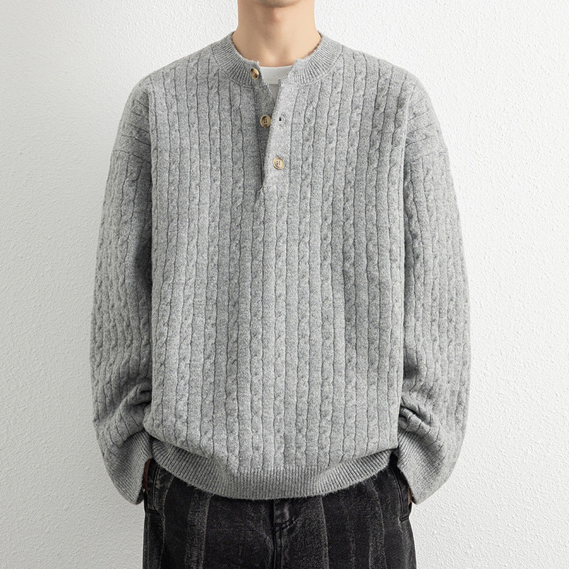 Street-Wave Mens Cable Knit Sweater With Button Details And Structured Texture For All Season Comfort