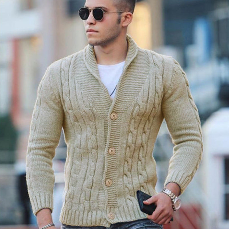 Street-Wave Men's Cable Knit Cardigan With Shawl Collar For Cozy Warmth And Modern Style