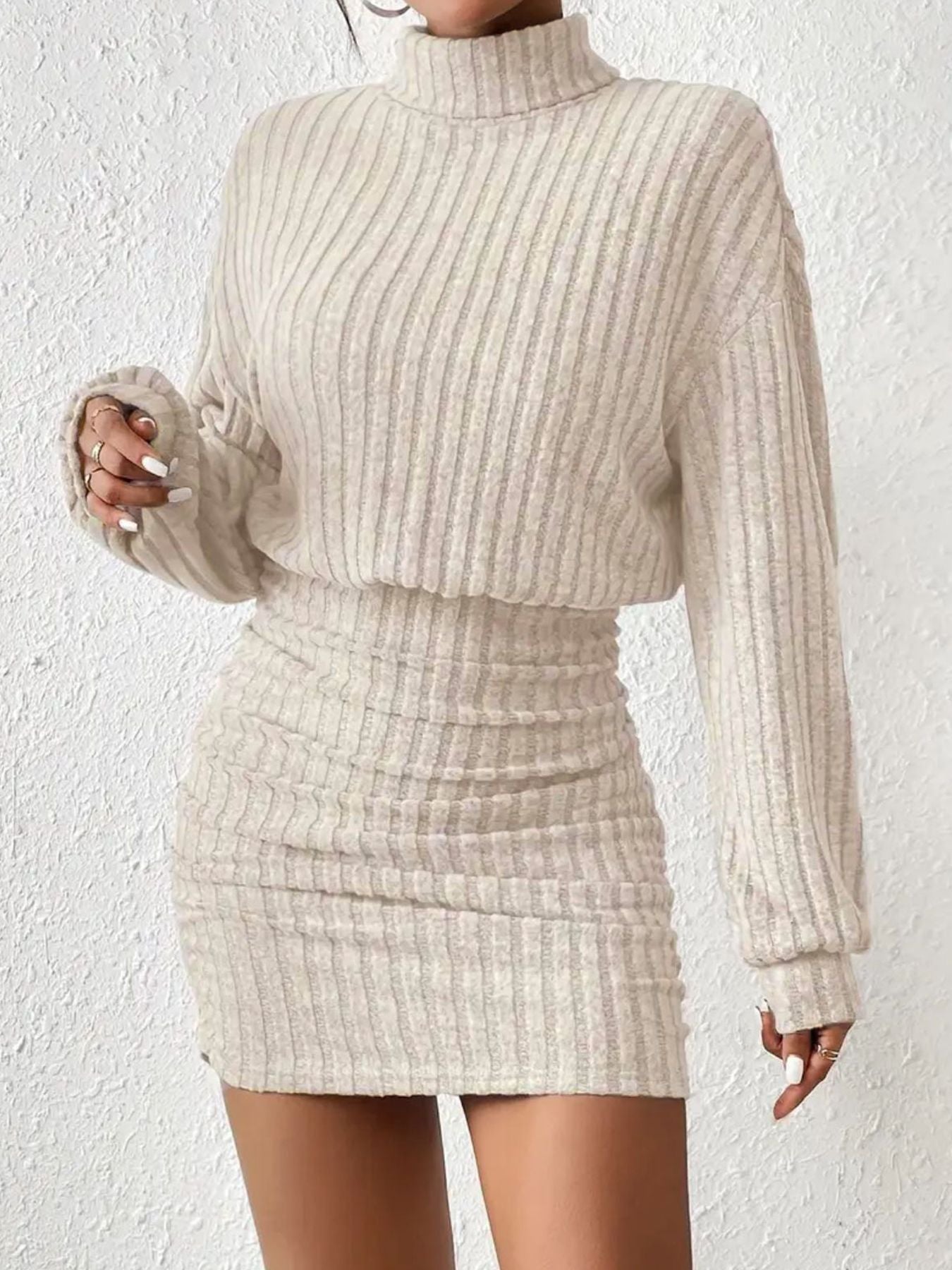 Street-wave Women Knit Dress With High Collar And Ribbed Texture For Effortless Chic