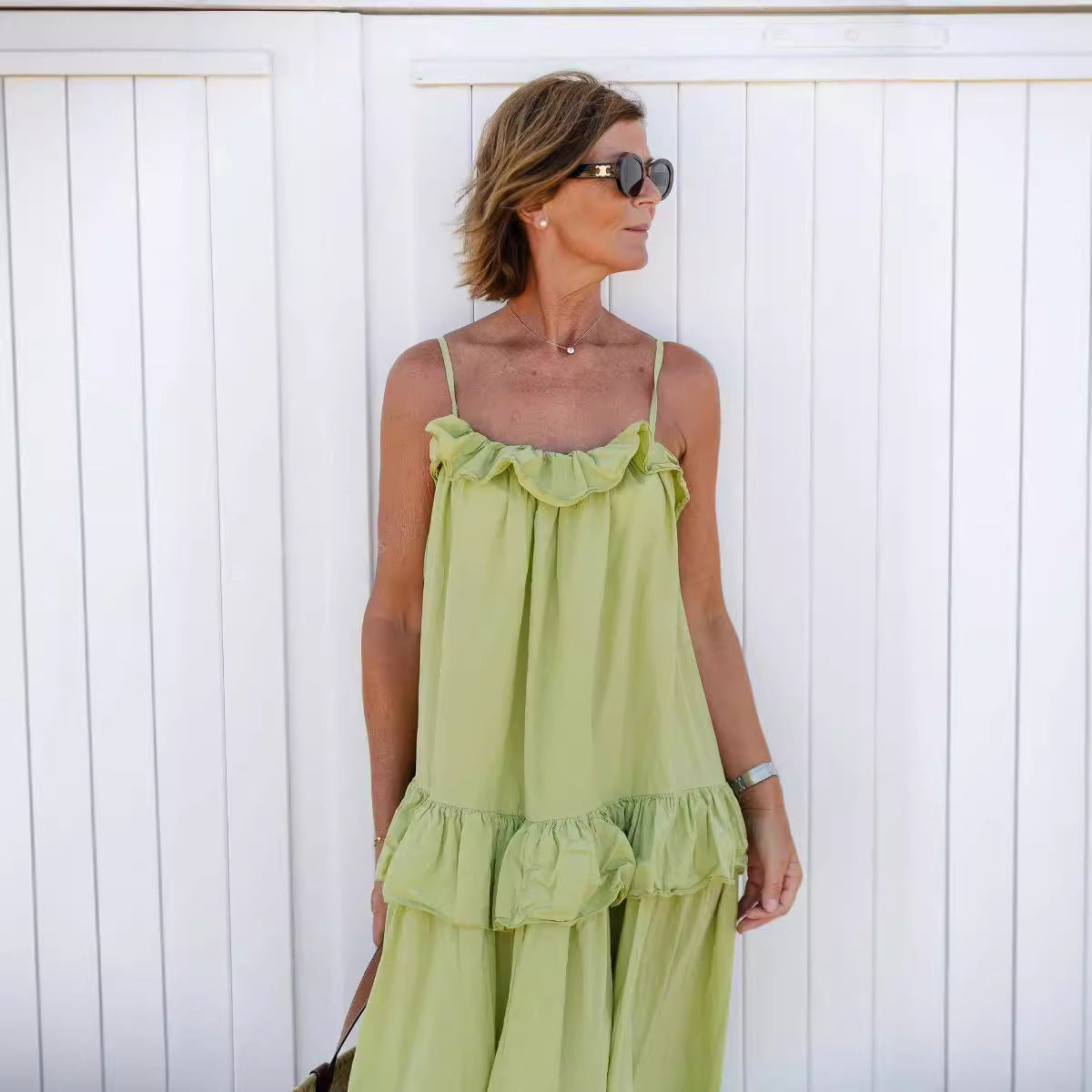 Street Wave Womens Maxi Dress Flowy Tiered Cotton Blend Ruffle Neckline