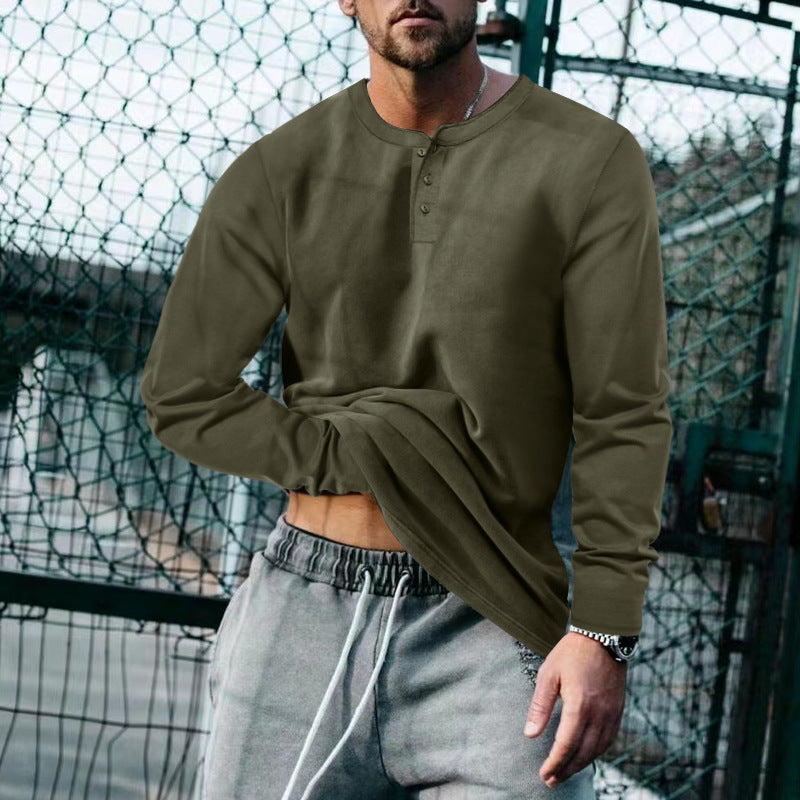 Mens Long Sleeve Henley Shirt With Classic Button Placket Soft Cotton Blend Street-Wave For Everyday Comfort