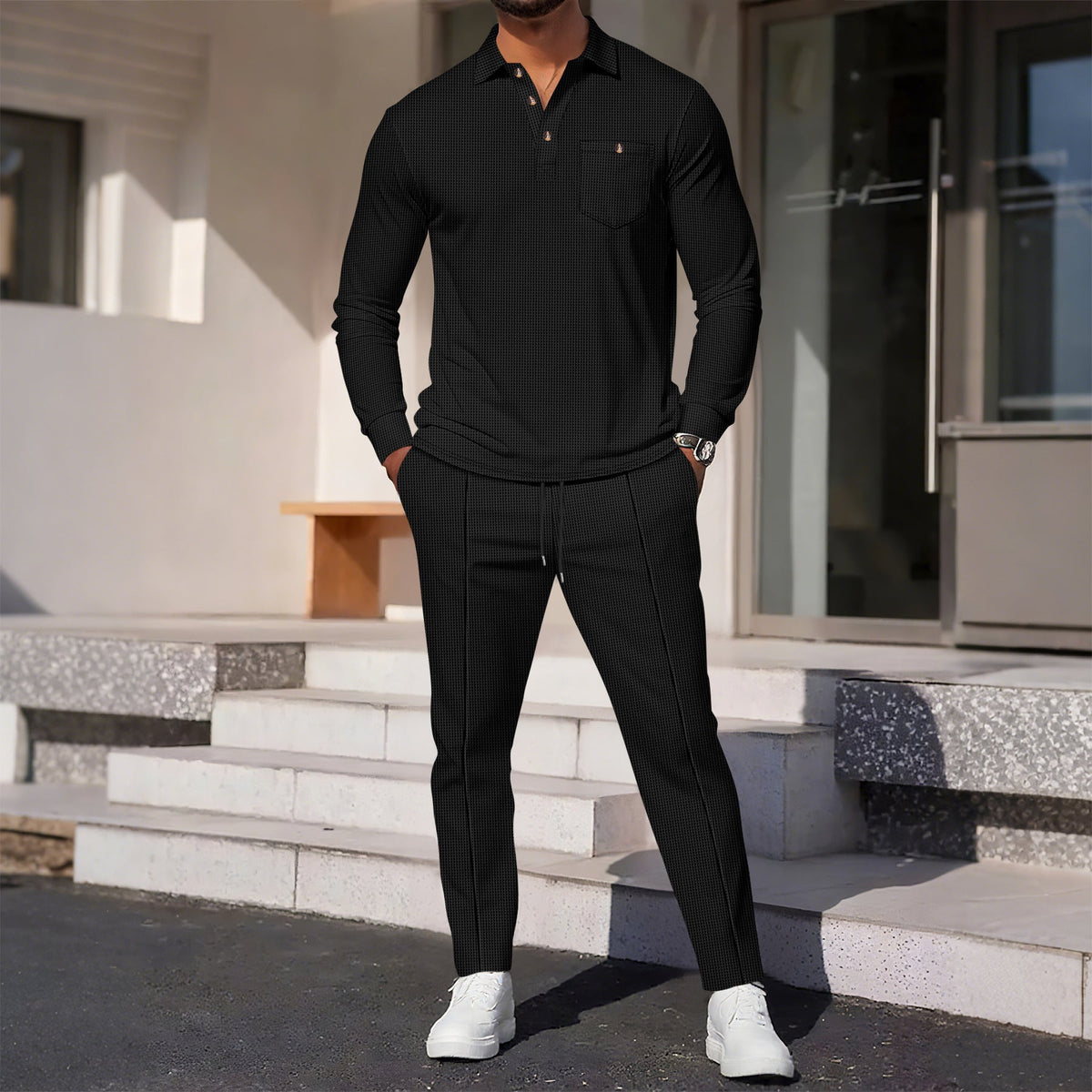 Street-Wave Men's Elegant Casual Suit With Textured Top And Comfortable Pants For Smart Casual
