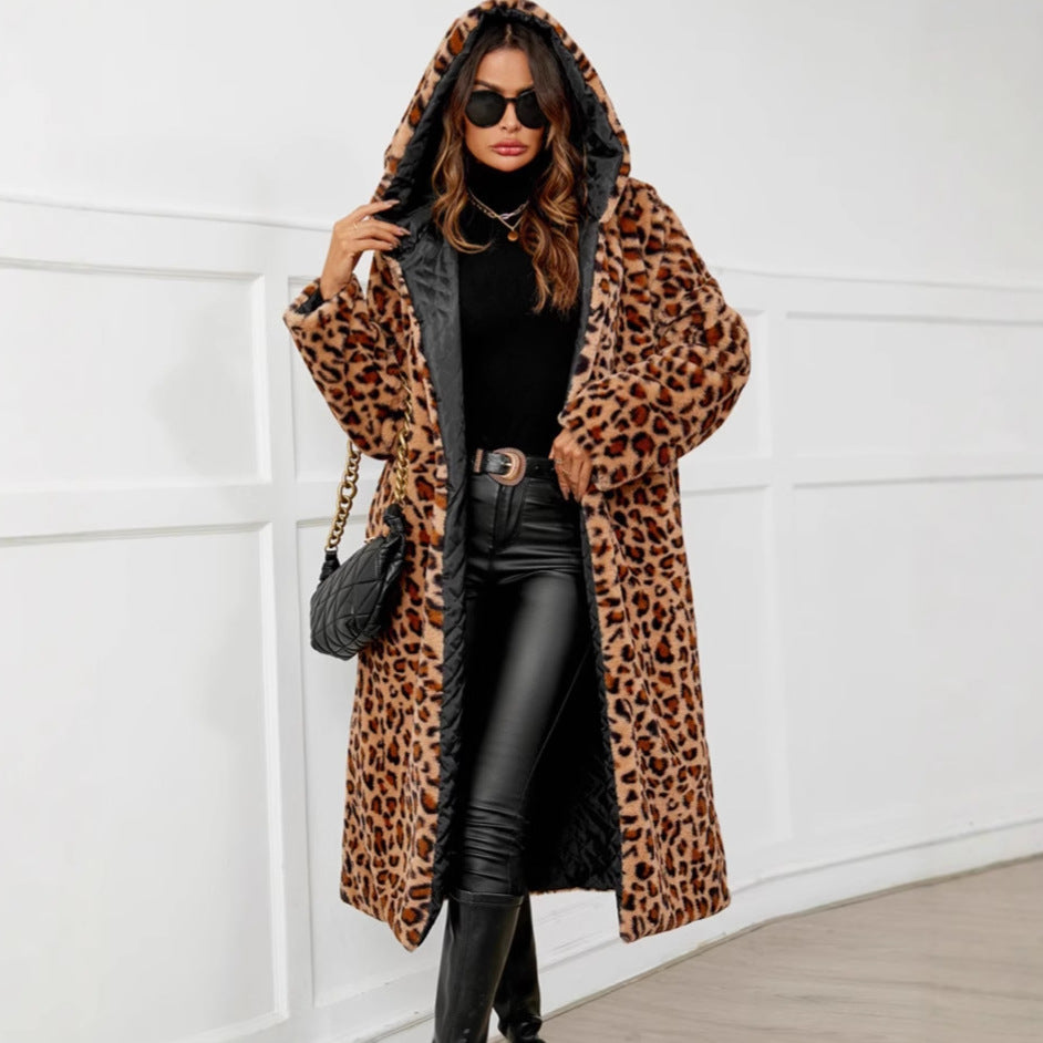 Street Wave Womens Oversized Leopard Print Plush Coat With Soft Warmth And Trendy Street Style