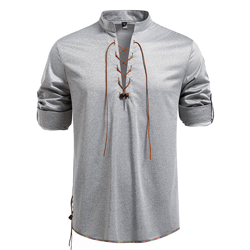 Street-Wave Mens Long Sleeve Shirt With Drawstring Stand Collar For Everyday Comfort And Stylish Wear
