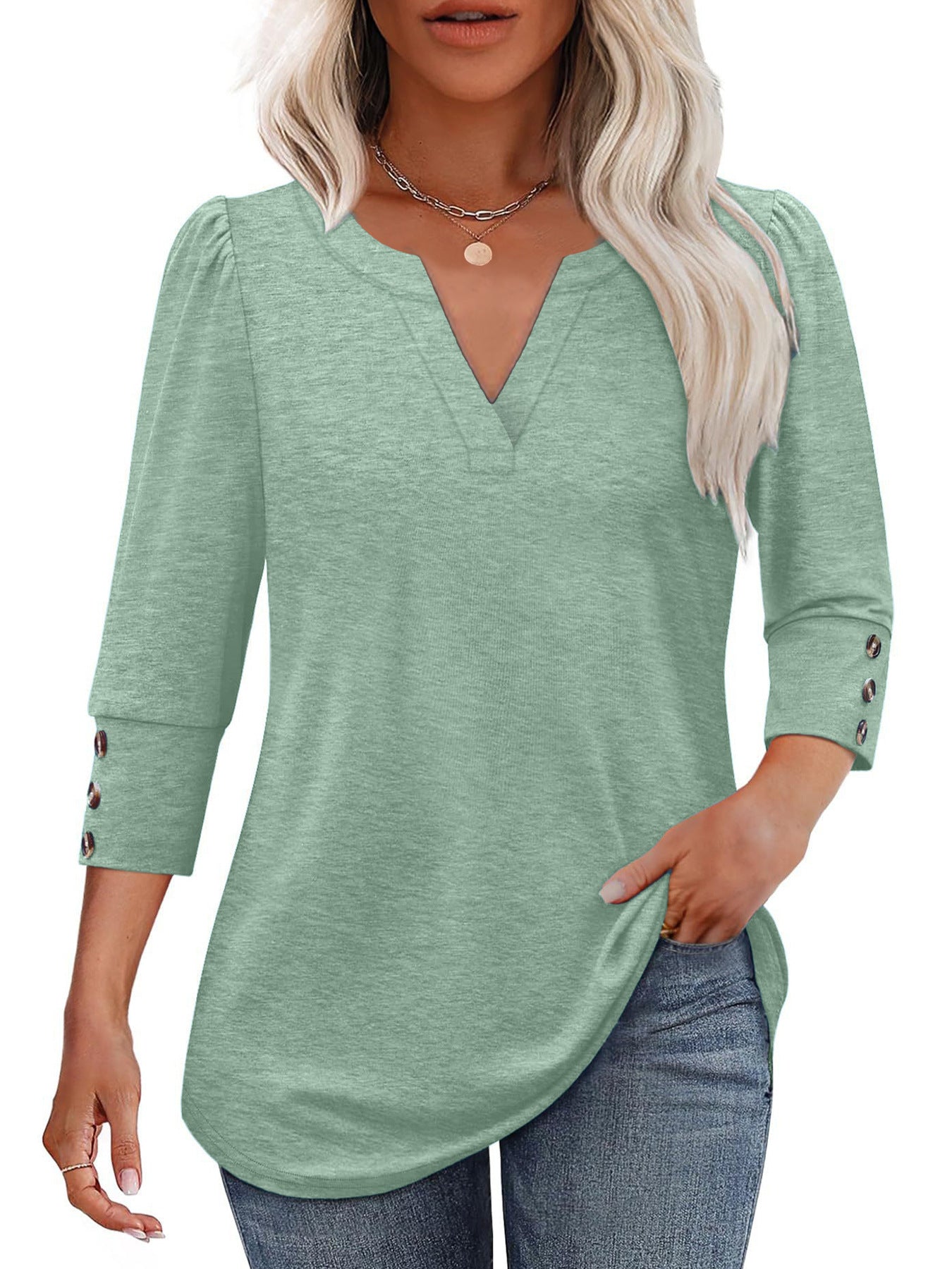 Street-wave Women's V-Neck Blouse With Decorative Button Details For Everyday Chic
