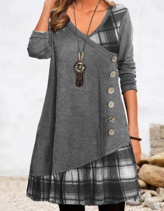 Street-Wave Women Plaid Long Sleeve Dress With Button Front And Asymmetric Hem For Everyday Wear