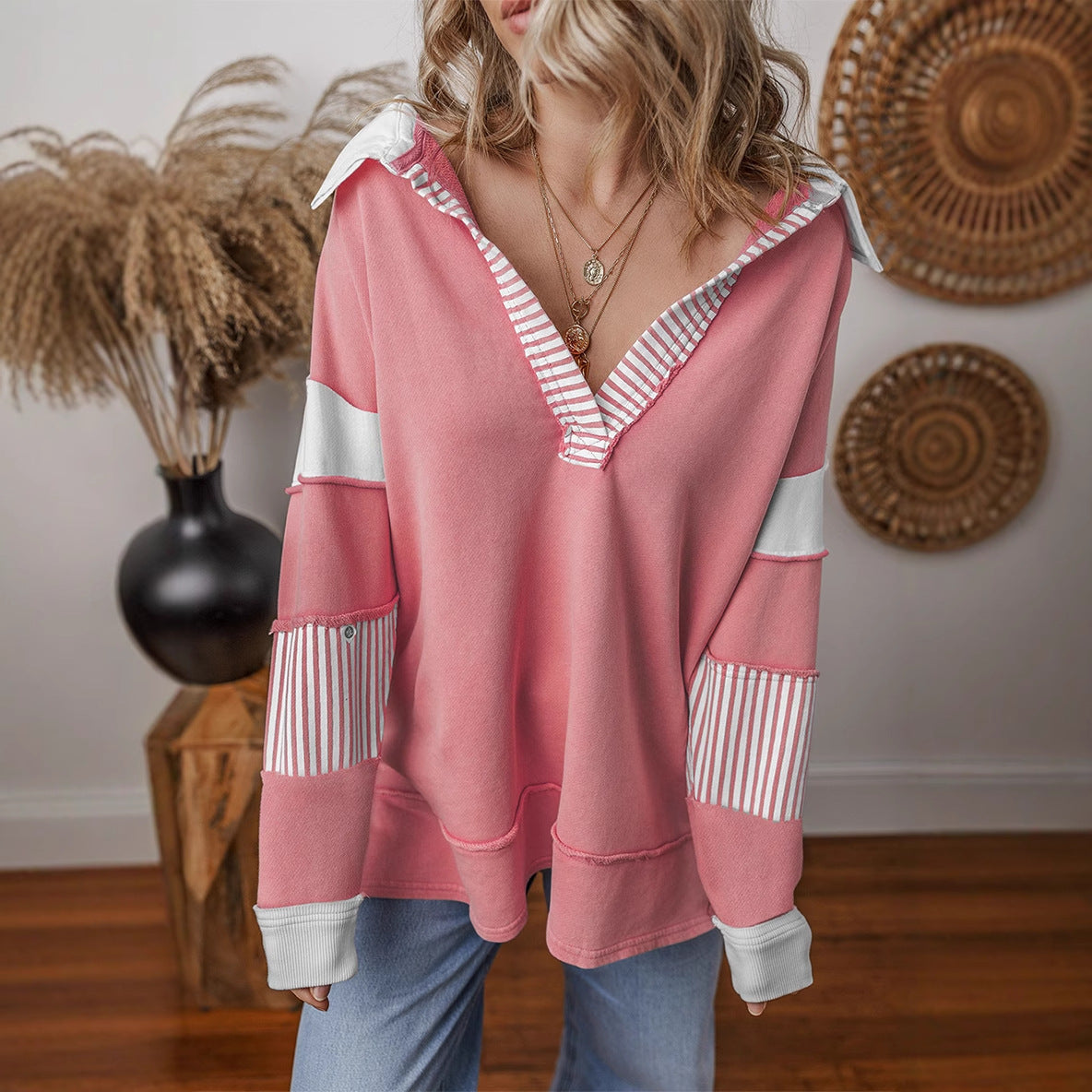 Street-wave Women Shirt Collar Pullover With Striped Sleeves Cotton Comfort Chic Casual Everyday Essential Relaxed Fit