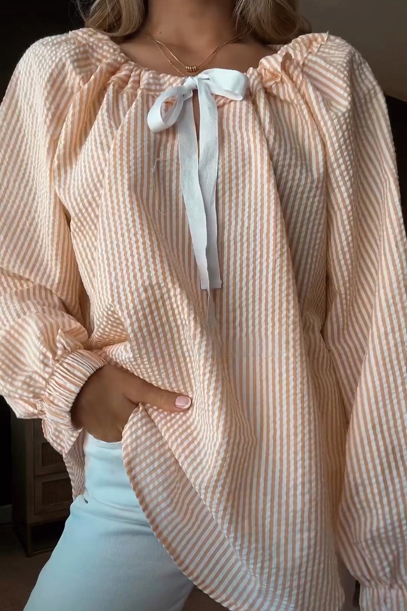 Streetwave Women Striped Elastic Neckline Blouse With Bow Tie For Elegant Everyday Comfort