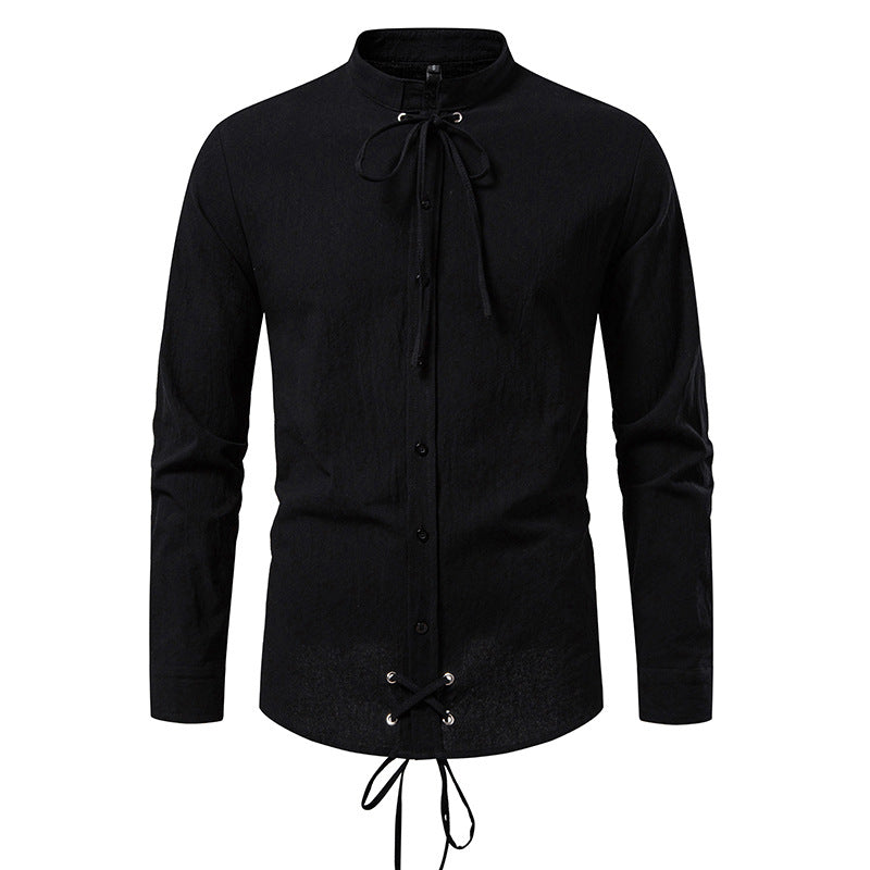 Street Wave Mens Modern Stand Collar Shirt With Flexible Lace Ties For Versatile Smart Casual