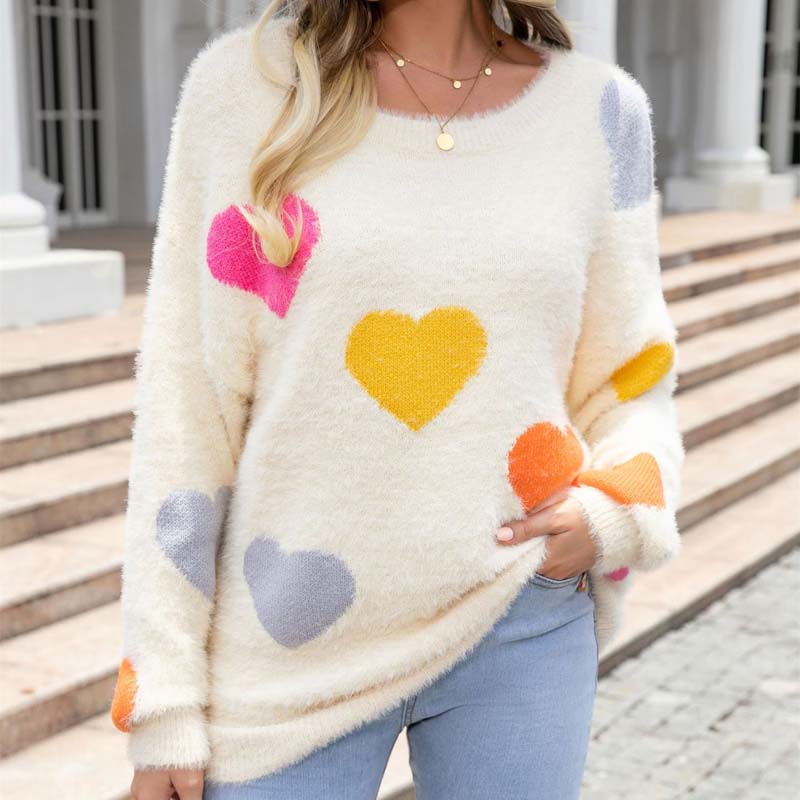 Street-wave Cozy Fuzzy Knit Sweater With Cute Heart Pattern For Women Casual Wear All Seasons