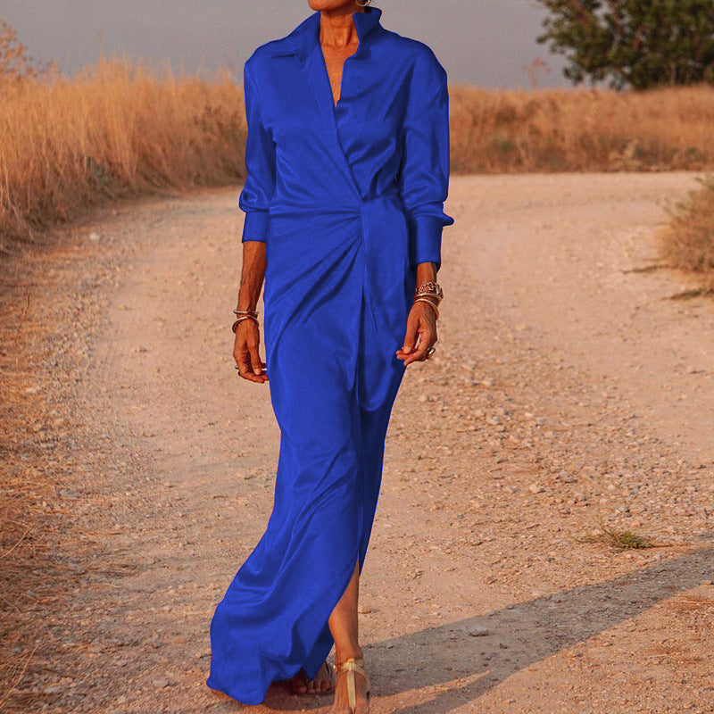 StreetWave Luxurious Satin Wrap Maxi Dress With Versatile Collar And Side Slit For Women