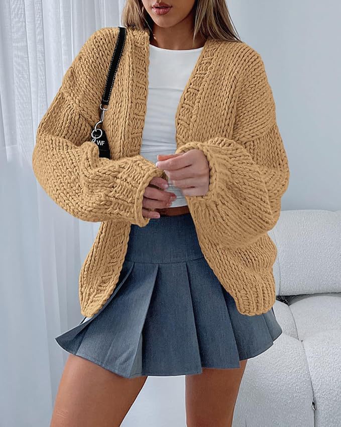 Street-wave Womens Knit Cardigan With Voluminous Sleeves Open Front For Versatile Casual Chic Wardrobe