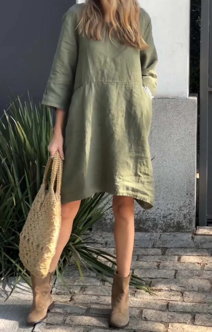 Street-Wave Womens Linen Dress With Pockets And Asymmetric Hem For Summer Style Essentials