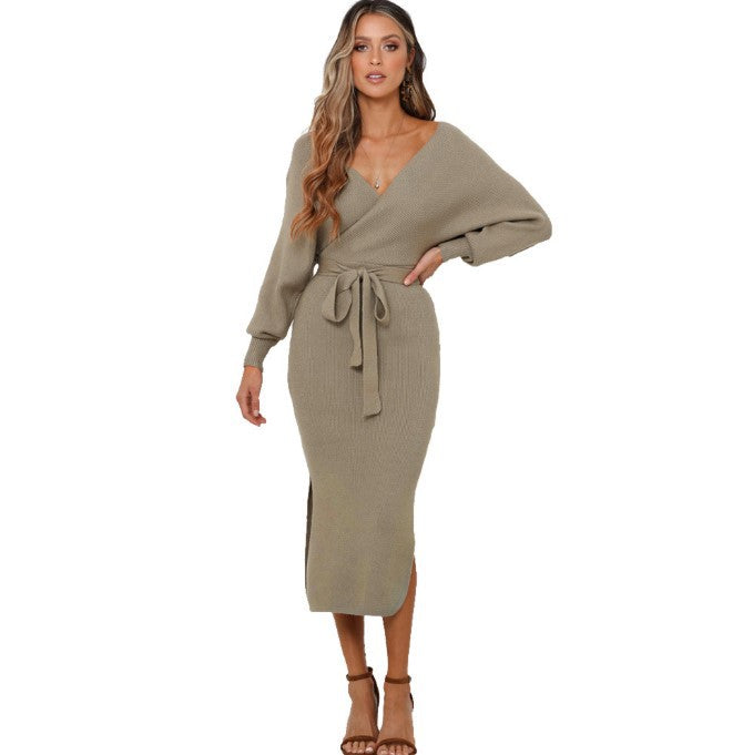 Street-wave Women Knit Wrap Dress With Side Slit Flattering Silhouette Elegant Cozy Knit