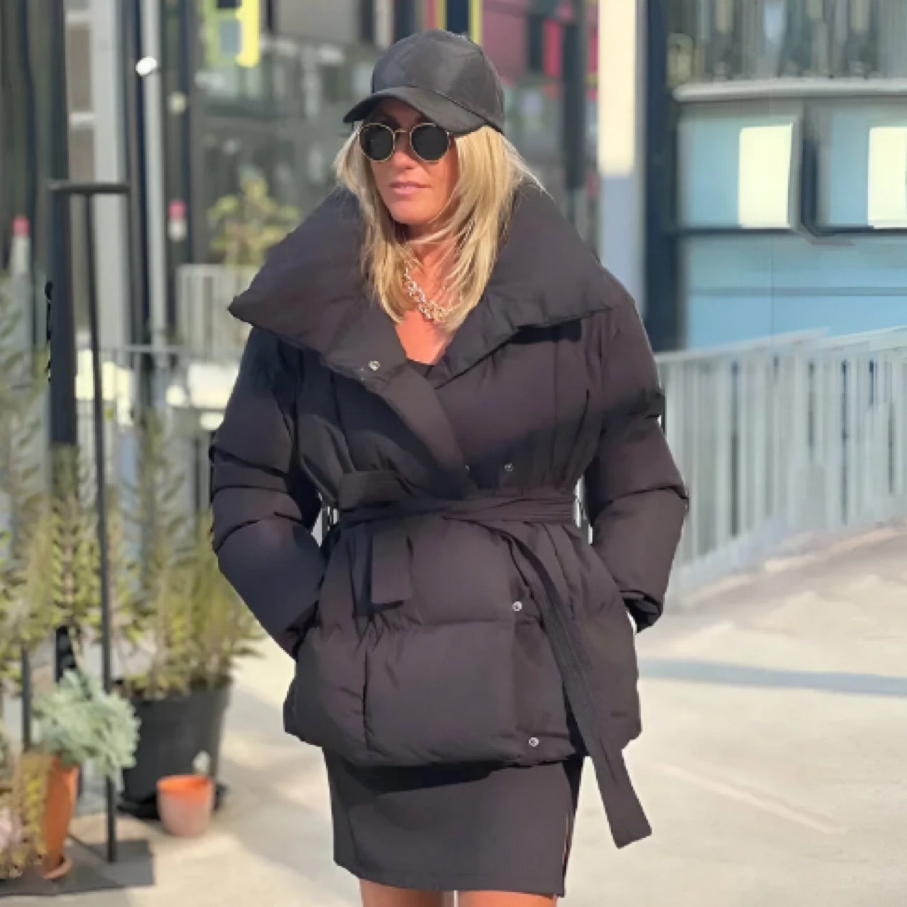 Streetwave Womens Puffer Jacket With Wide Collar Belted Waist For Chic Seasonal Warmth