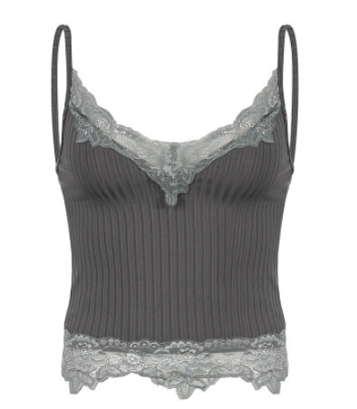 Street-Wave Elegant Lace Tank Top For Women With V-Neck And Scalloped Hem Stretchy Polyester
