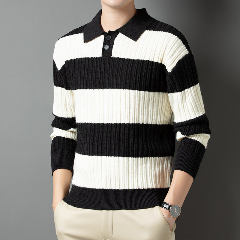 Streetwave Men's Striped Rib Knit Polo Sweater With Structured Texture And Comfort For Everyday Casual Wear