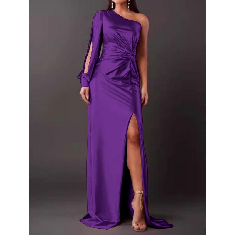 Street Wave Satin One Shoulder Maxi Dress For Women With Slim Fit And High Slit