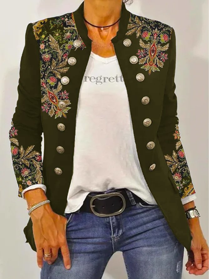 Street-wave Floral Embroidered Blazer Jacket for Women With Contrast Button Details