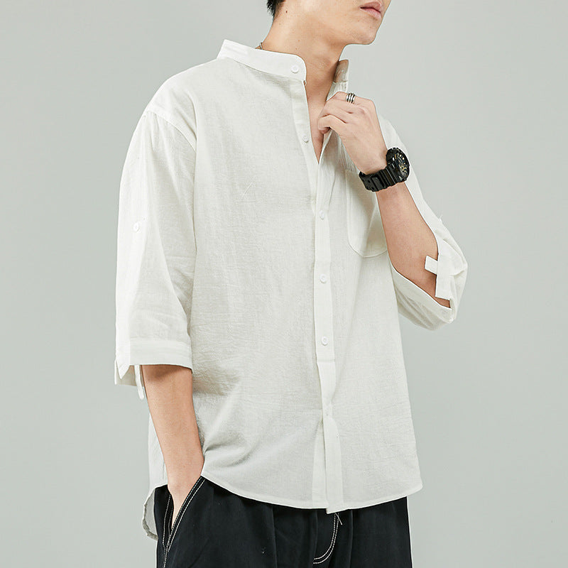 Street-Wave Breathable Linen Cotton Band Collar Shirt Men