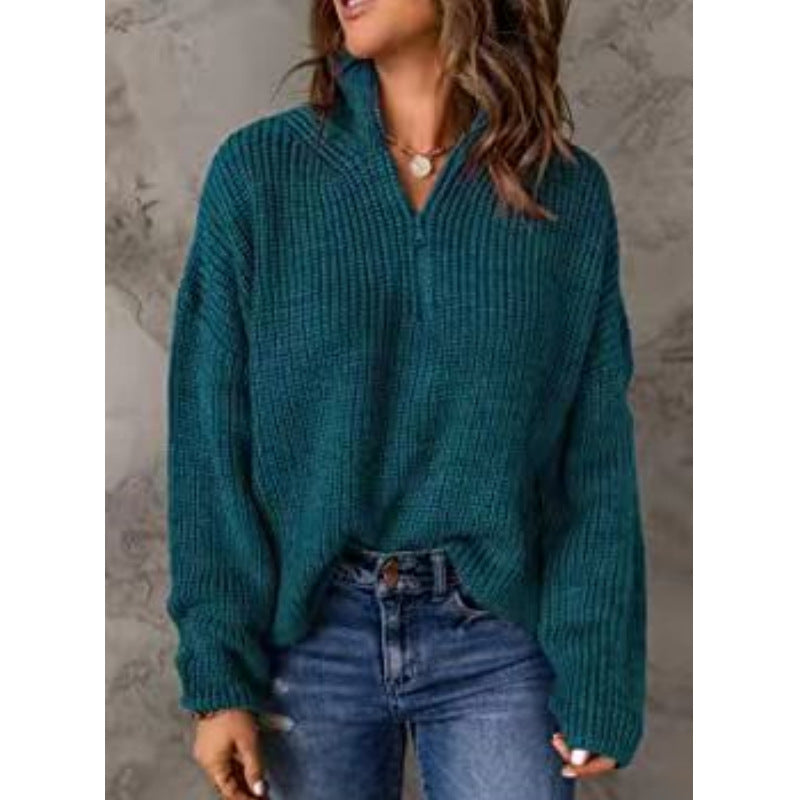 Street-wave Women Knit Pullover With Short Zipper Cozy Warm Olive Green Sweater Top Relaxed Fit