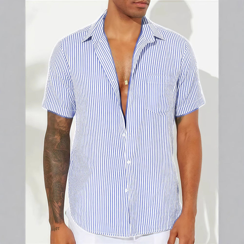 Nordic-Flair Men's Cotton Blend Striped Short Sleeve Shirt Relaxed Fit Everyday Casual