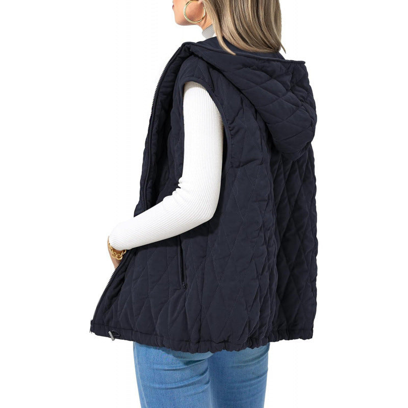 Street-Wave Women Quilted Hooded Vest With Side Zip Pockets Cozy Versatile Outerwear