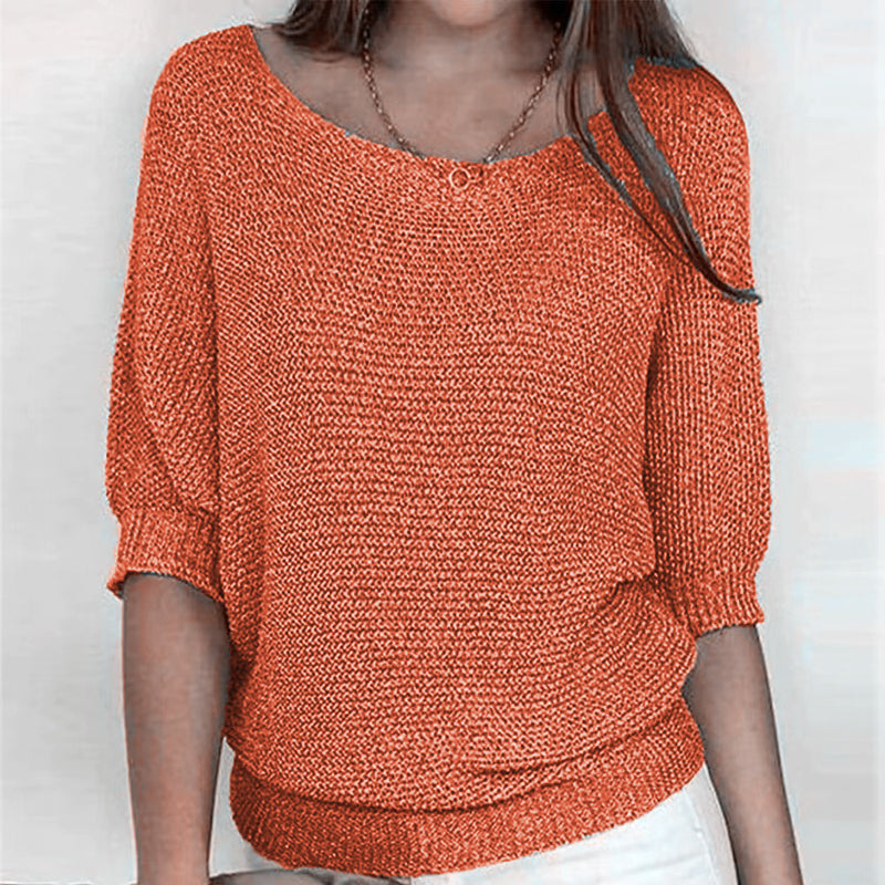 Street-wave Solid Color Knit Pullover for Women with Three-Quarter Sleeves, Cotton-Acrylic Blend