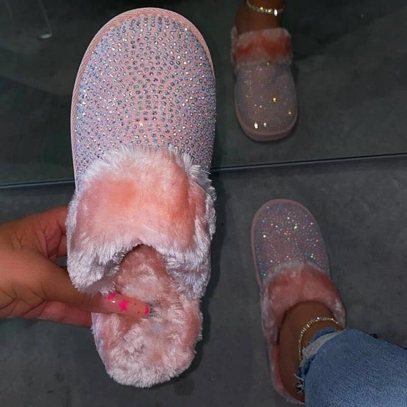 Street-wave Glamorous Glitter Fur Slippers for Women - Cozy Luxe Home Comfort Everyday