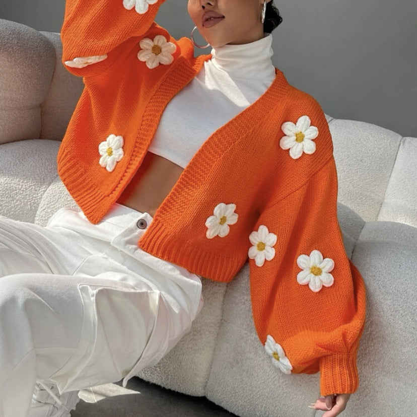 Street Wave Floral Knit Cardigan For Women With Loose Fit And Embroidered Flower Appliques For Everyday Chic