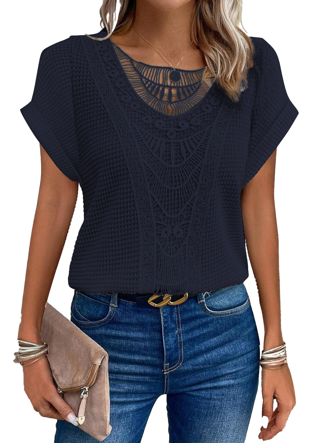 Womens Black Crochet Lace Top With Intricate Pattern And Relaxed Fit Street Wave