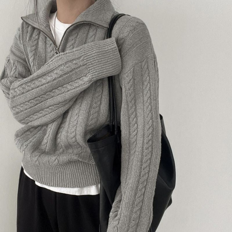 Street Wave Women Cozy Cable Knit Pullover With High Collar Zip Soft Warm Versatile