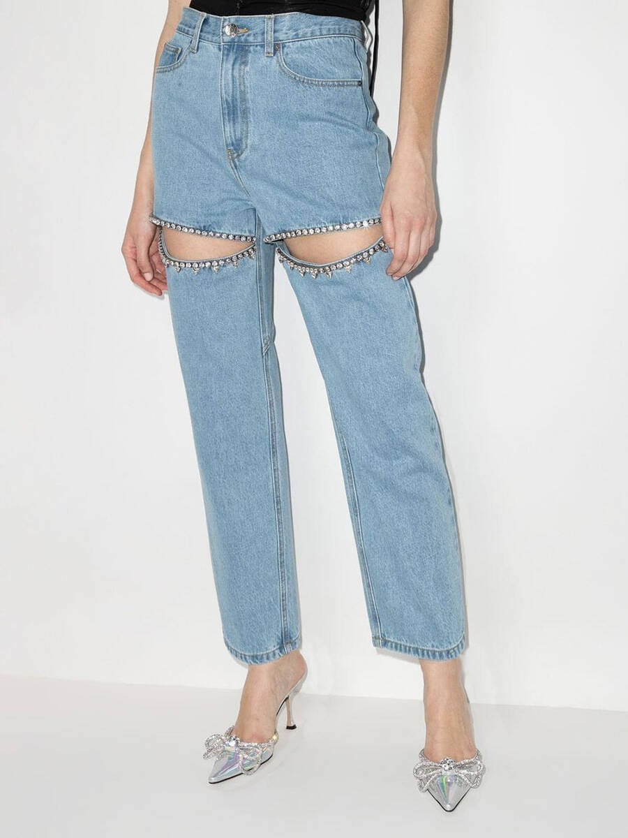 Street-wave Womens Denim Jeans With Cut-Outs And Rhinestones For Bold Fashionistas