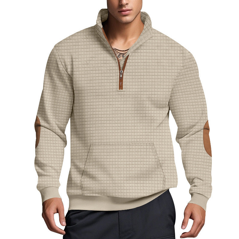 Street-Wave Men's Structured Fleece Pullover With Modern Stand Collar Geometric Texture Cozy Comfort